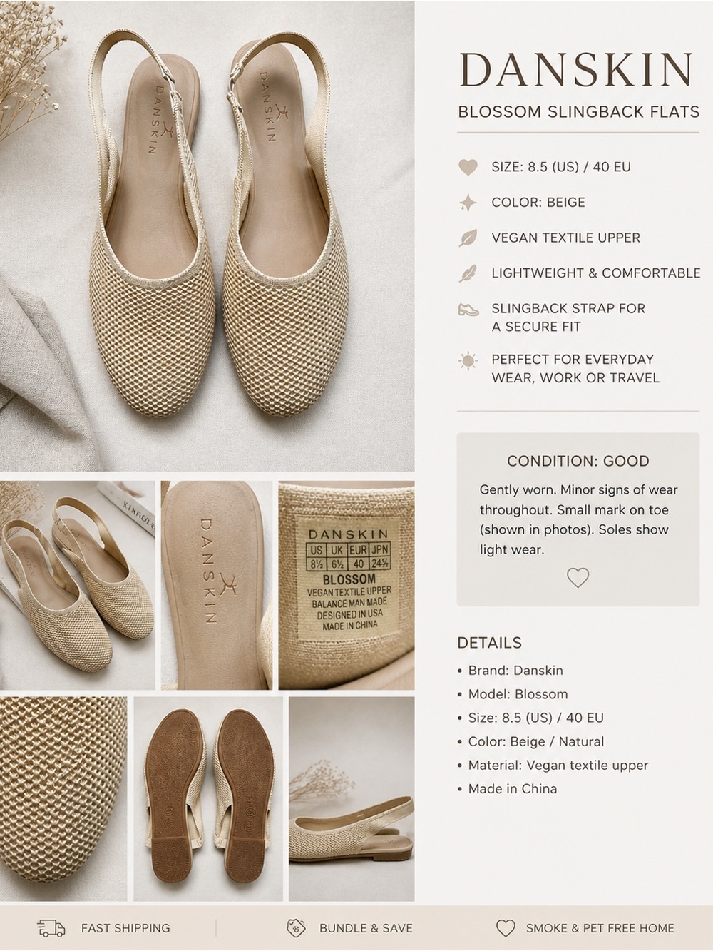 Danskin Beige Knit Slingback Flats Minimal Neutral Aesthetic Size 8.5